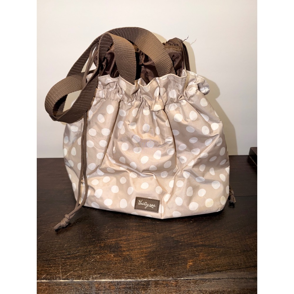 Thirty-One Cinch It Up Super‎ Sac Tan Polka Dot Drawstring Thermal Lunch Bag